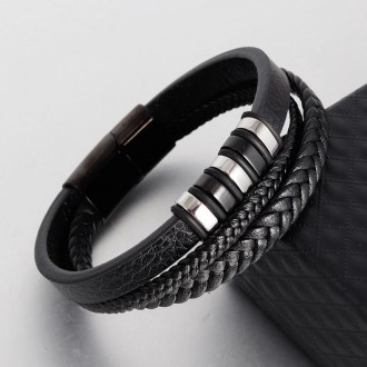 
 Мужской кожаный браслет со стальными серебряными вставками Black/Silver
Мужски. . фото 3