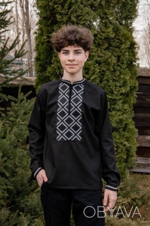 Лляна вишиванка на хлопчика стильна чорна сорочка на підлітка з довгим рукавом. . . фото 1
