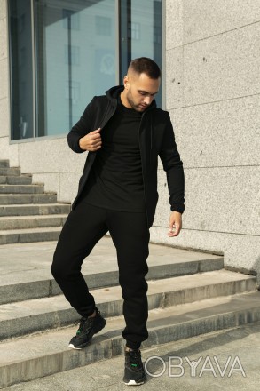 Чоловічий чорний трикотажний спортивний костюм на флісі штани та худі утеплений