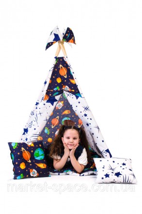
Детская игровая палатка с матрасом бомбон и двумя подушками. Расцветка "Космос". . фото 9