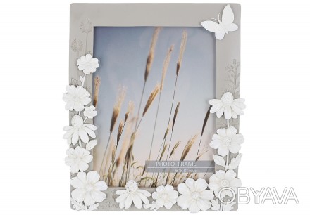 Рамка для фото размера 15*20см, с объемными цветами и бабочкой, цвет нежно-серый. . фото 1