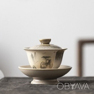 Гайвань керамическая, коллекционная, китайская Пейзаж, 130 мл, с блюдцем и крышк. . фото 1