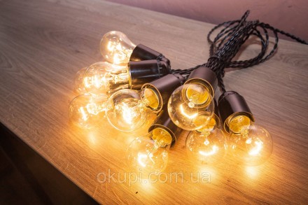 Черная Ретро Гирлянда Эдисона - 15 лампочек накаливания - длина от первой лампы . . фото 2