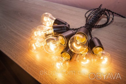 Черная Ретро Гирлянда Эдисона - 15 лампочек накаливания - длина от первой лампы . . фото 1