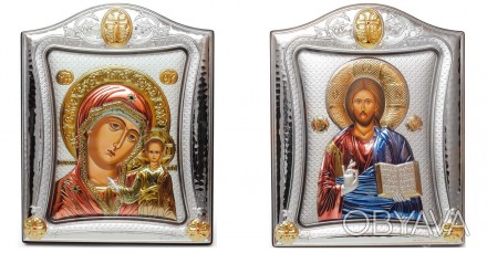 Пара Икон Казанской Богородицы и Спаситель Иисуса 20х25см в серебре окрашеном эм