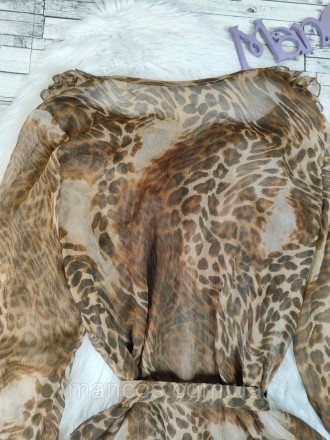 Женская блуза коричневого цвета с леопардовым принтом с поясом прозрачная рукав . . фото 6