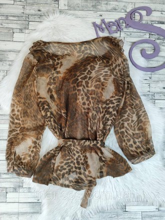 Женская блуза коричневого цвета с леопардовым принтом с поясом прозрачная рукав . . фото 5