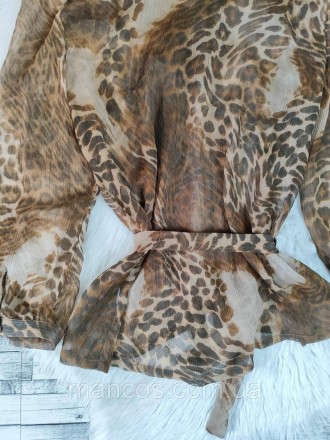 Женская блуза коричневого цвета с леопардовым принтом с поясом прозрачная рукав . . фото 7