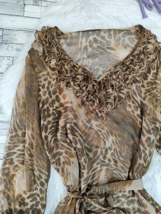 Женская блуза коричневого цвета с леопардовым принтом с поясом прозрачная рукав . . фото 3