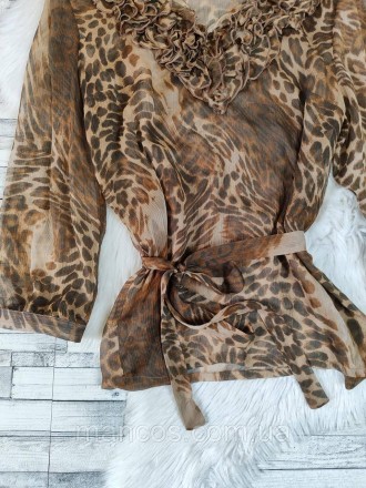 Женская блуза коричневого цвета с леопардовым принтом с поясом прозрачная рукав . . фото 4