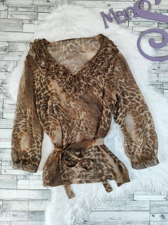 Женская блуза коричневого цвета с леопардовым принтом с поясом прозрачная рукав . . фото 2