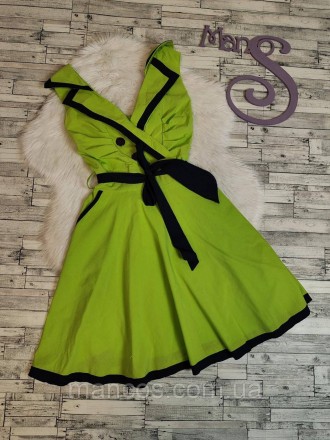 Женское летнее платье салатового цвета с поясом с отложным воротником спинка рез. . фото 2