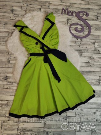 Женское летнее платье салатового цвета с поясом с отложным воротником спинка рез. . фото 1