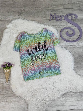 Детская футболка Yek для девочки с разноцветным леопардовым принтом с пайетками . . фото 2