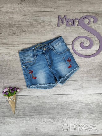 Детские джинсовые шорты Merkiato для девочки голубого цвета с вышивкой 
Состояни. . фото 1