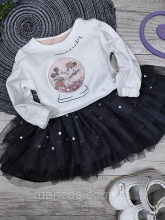 Детское платье с длинным рукавом для девочки Disney Baby белый верх серая пышная. . фото 3