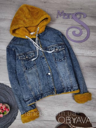 Женская синяя джинсовая куртка на меху жёлтого цвета Fashion осень весна Размер