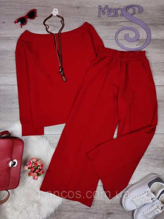 Женский красный объемный брючный костюм Karelle's блуза с длинным рукавом и кюло. . фото 3