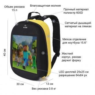 Рюкзак Sobi Pixel SB9702 Yellow с LED экраномПочему рюкзаки с LED дисплеем стано. . фото 4