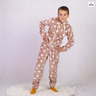 Детский теплый костюм с капюшоном с ушками махровый домашний бежевый р. 36-42
