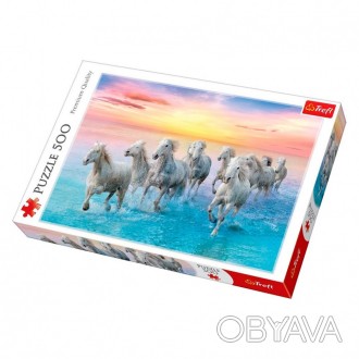 Пазли на 500 елементів із зображенням 9-ти білих породистих коней, що біжать гал. . фото 1