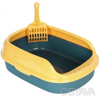 Туалет круглый для кошек Taotaopets 227701 40*29*13,5 cm с лопаткой Синий с желт. . фото 1