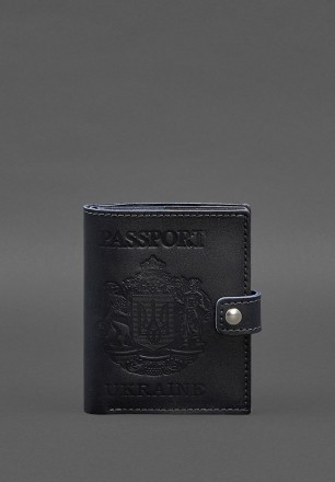 Шкіряна обкладинка-портмоне на паспорт з гербом України 25.0 темно-синя від брен. . фото 2