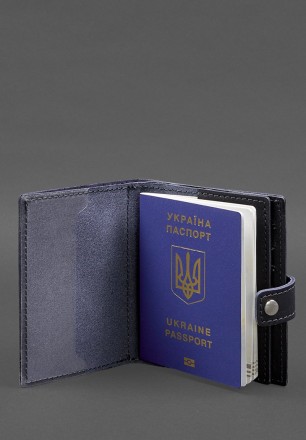 Шкіряна обкладинка-портмоне на паспорт з гербом України 25.0 темно-синя від брен. . фото 3