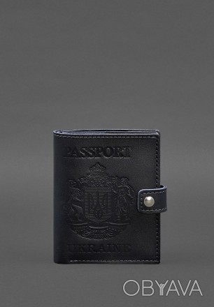 Шкіряна обкладинка-портмоне на паспорт з гербом України 25.0 темно-синя від брен. . фото 1