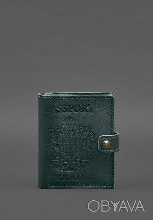 Шкіряна обкладинка-портмоне на паспорт з гербом України 25.0 Зелена