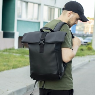Стильный городской рюкзак RollTop из эко кожи черный спортивный молодежный для п. . фото 3