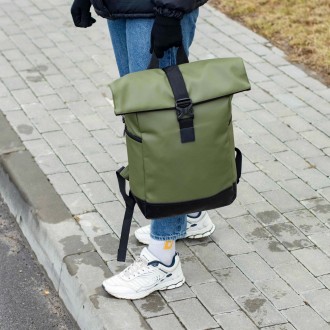 Стильный городской рюкзак Roll Top Barrel зеленый из эко-кожи с отделением для н. . фото 7