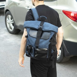 Стильный городской рюкзак Ролл Топ Rytm синий тканевой с отделением для ноутбука. . фото 6