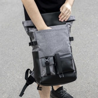 Стильный городской рюкзак Ролл Топ Rytm серый тканевой с отделением для ноутбука. . фото 7