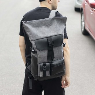 Стильный городской рюкзак Ролл Топ Rytm серый тканевой с отделением для ноутбука. . фото 8