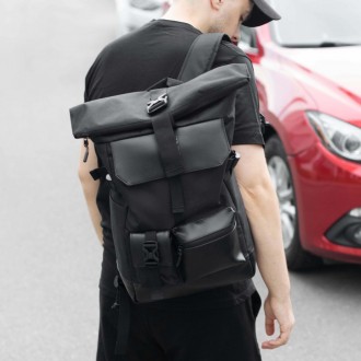 Стильный городской рюкзак Ролл Топ Rytm черный тканевой с отделением для ноутбук. . фото 2