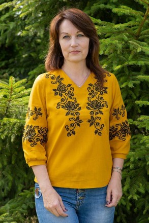 Лляна жіноча вишиванка, гірчична блуза, українська вишиванка L. Кіцмань. фото 1 Лляна жіноча вишиванка, гірчична блуза, українська вишиванка L. Кіцмань. фото 1