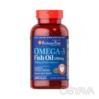 Рыбий жир Puritan’s Pride® Omega-3 1200 мг очищен от ртути и содержит 360 мг оме. . фото 1