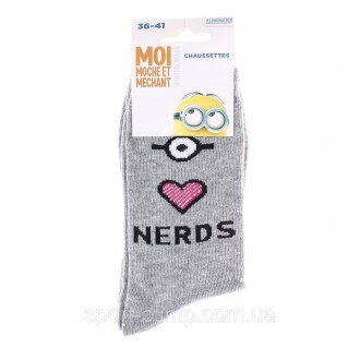 Високі шкарпетки з принтом MINIONS Heart + Eye + Nerds 1-pack light gray — 13890. . фото 3