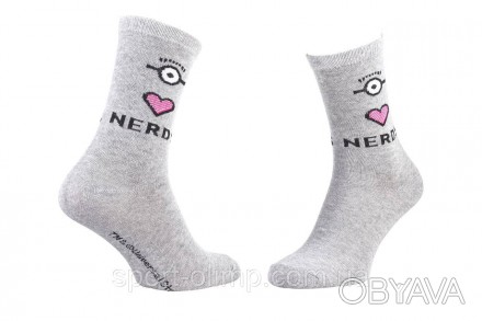 Високі шкарпетки з принтом MINIONS Heart + Eye + Nerds 1-pack light gray — 13890. . фото 1