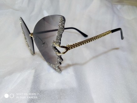 Роскошные солнцезащитные очки со стразами в виде бабочки бренд Y2K, синие, корич. . фото 4