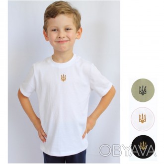 Патріотичні футболки дитячі білого кольору з вишитим тризубом на короткий рукав . . фото 1