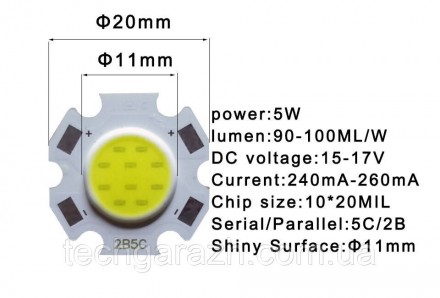 Світлодіодний модуль COB LED 2B5C 5W 6000K Холодний білий (2011: 20 mm / 11 mm)
. . фото 3