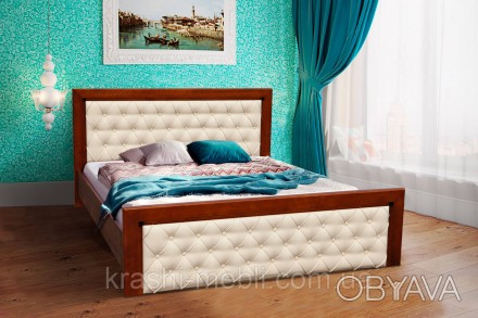 Двоспальне ліжко з масиву вільхи, зголов'я і виворіт оббите екошкірою з декорува. . фото 1