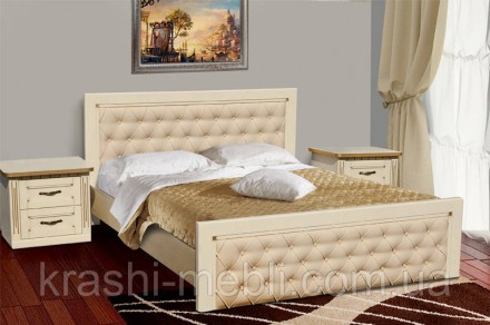 Двуспальная кровать из массива дуба, изголовье и изножье обито экокожей с декори. . фото 3