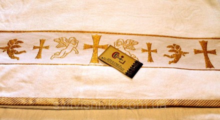 Махровий рушник білого кольору (14м.*0,7м.) з вишивкою золотими або срібними шов. . фото 3
