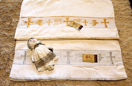 Махровий рушник білого кольору (14м.*0,7м.) з вишивкою золотими або срібними шов. . фото 2