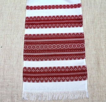 Універсальний тканий рушник (1,80*0,36м.) білого кольору з червоно-бордовим орна. . фото 3