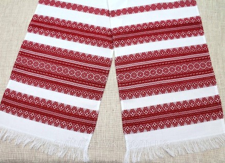 Універсальний тканий рушник (1,80*0,36м.) білого кольору з червоно-бордовим орна. . фото 2
