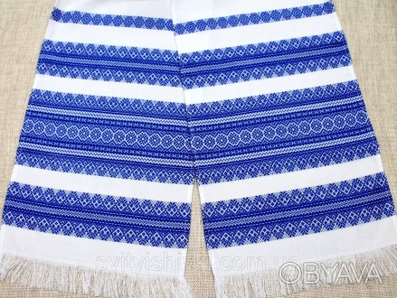 Універсальний тканий рушник (1,80*0,36м.) білого кольору з синьо-блакитним орнам. . фото 1